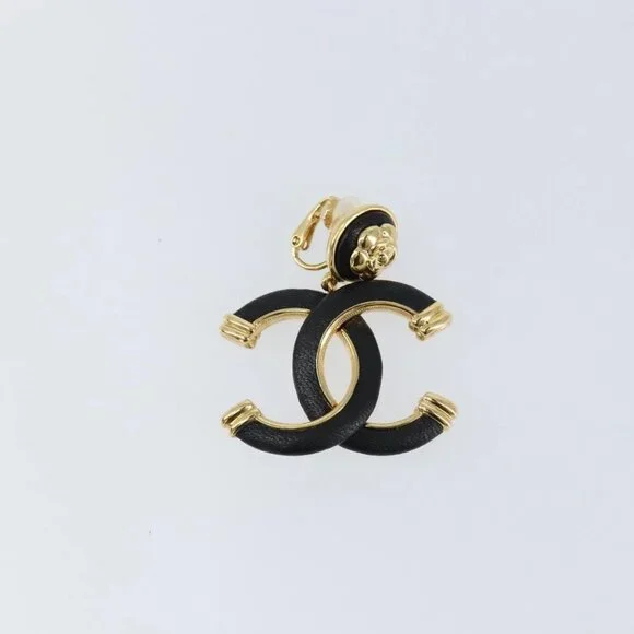 CHANEL COCO Mark Camelia Earring Metal Leather Gold CC Auth am9409 - Picture 2 of 16